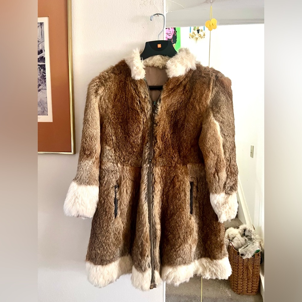 Vintage 1960s Mod Rabbit Fur Brown Princess Coat with Cream Trim
